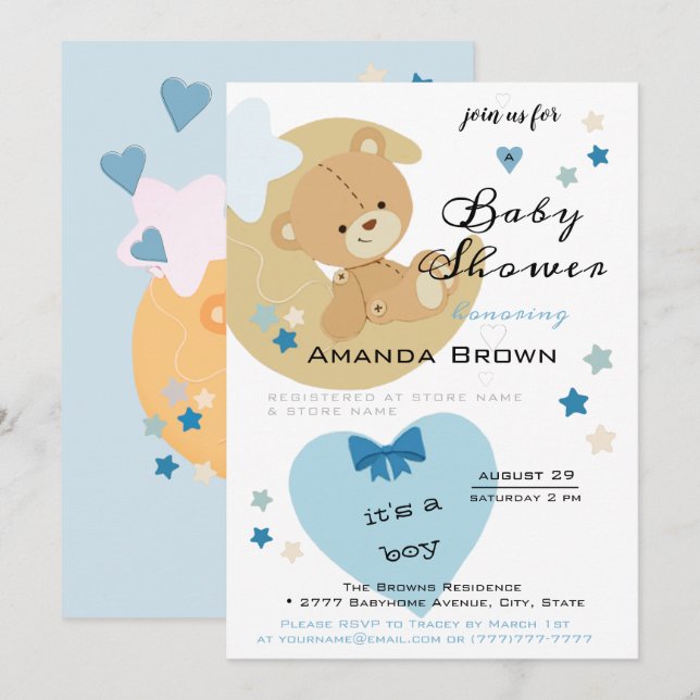 Teddy Bear Liebe Baby Boy Dusche | Einladung (Vorne/Hinten)