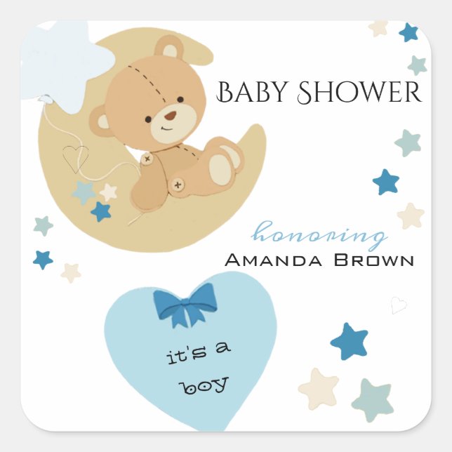 Teddy Bear Liebe Baby Boy Dusche | Quadratischer Aufkleber (Vorderseite)