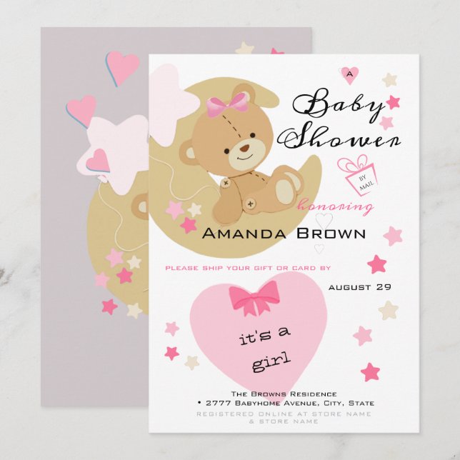 Teddy Bear Liebe Baby Girl Dusche Einladung (Vorne/Hinten)
