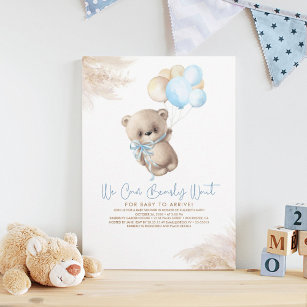 Teddy Bear Light Brown and Blue Boy Baby Showroom Einladung