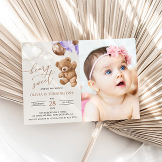 Teddy Bear, Lila Balloons, erster Geburtstag Einladung