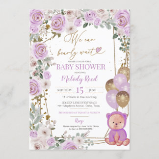 Teddy Bear Lila Floral Balloons Girl Baby Dusche Einladung