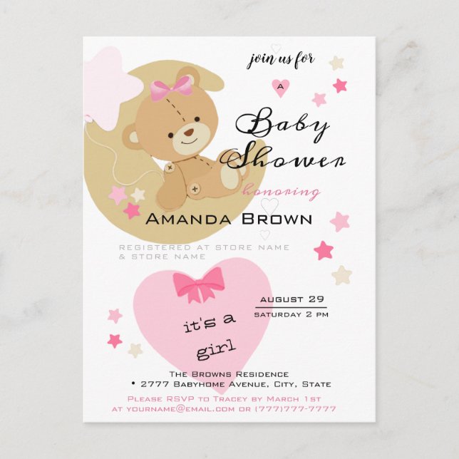Teddy Bear Love Baby Girl Douche Invitation (Devant)