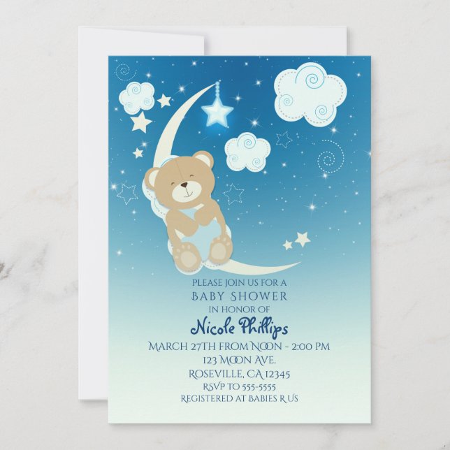 Teddy Bear Lune & Stars Baby Shower Invitations (Devant)