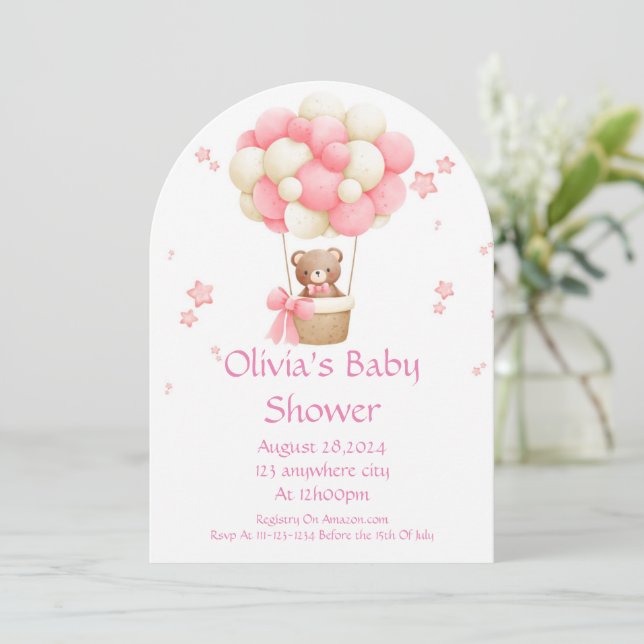 Teddy Bear Mädchen Babydusche Einladung (Stehend Vorderseite)