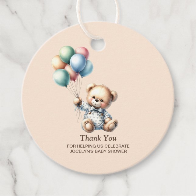 Teddy Bear mit Balloons Babydusche Vielen Dank Geschenkanhänger (Vorderseite)