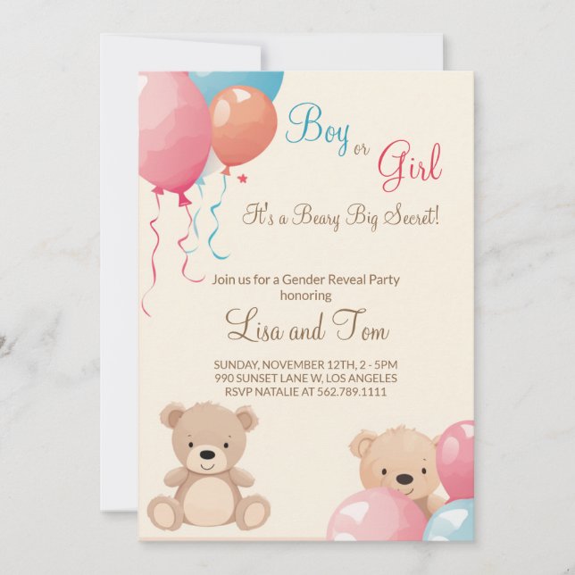 Teddy Bear mit Balloons Boy oder Girl Gender Revea Einladung (Vorderseite)