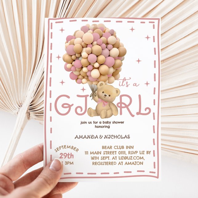 Teddy Bear mit Balloons Pink Baby Girl Dusche Einladung (Von Creator hochgeladen)