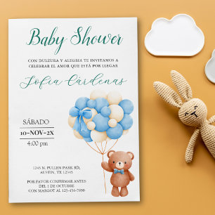 Teddy Bear mit Balloons Spanische Babydusche Weiß Einladung