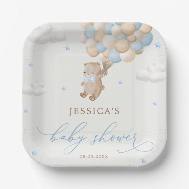 Teddy Bear mit Blue Balloons Baby Dusche Pappteller (Vorderseite)