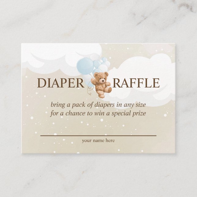 Teddy Bear mit Blue Balloons Diaper Raffekarte Begleitkarte (Vorderseite)