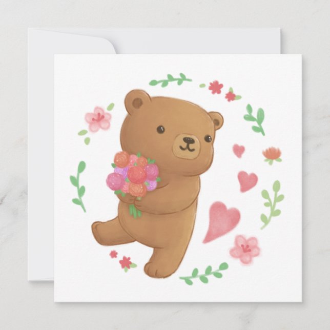 Teddy Bear mit Blume Einladung (Vorderseite)