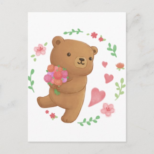 Teddy Bear mit Blume Postkarte (Vorderseite)