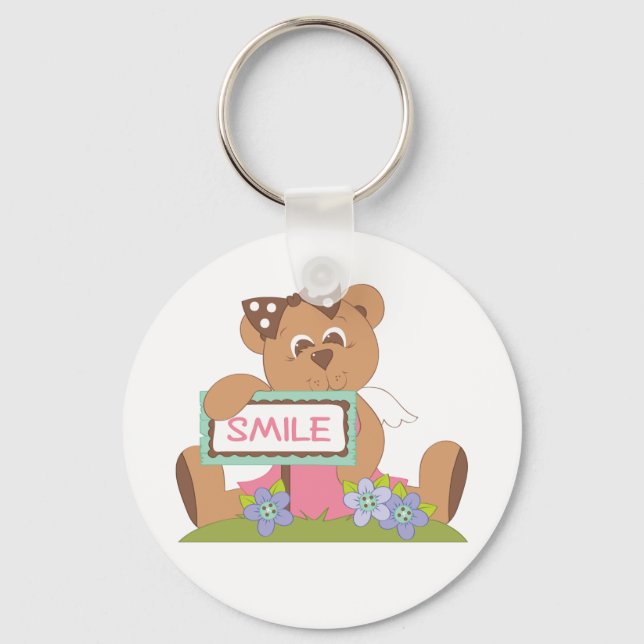 Teddy Bear mit Bow Holding Smile Sign Schlüsselanhänger (Vorderseite)