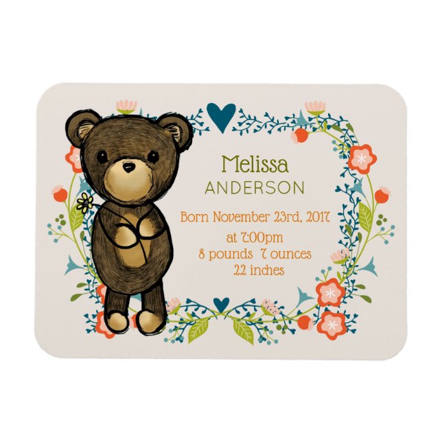 Teddy Bear mit Extravagantem Florals Baby Birth Magnet (Horizontal)