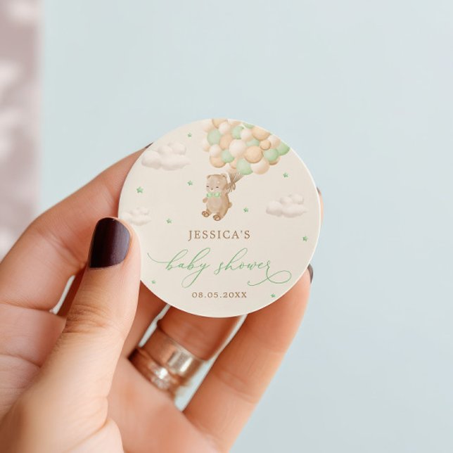 Teddy Bear mit Green Balloons Babydusche Runder Aufkleber (Von Creator hochgeladen)