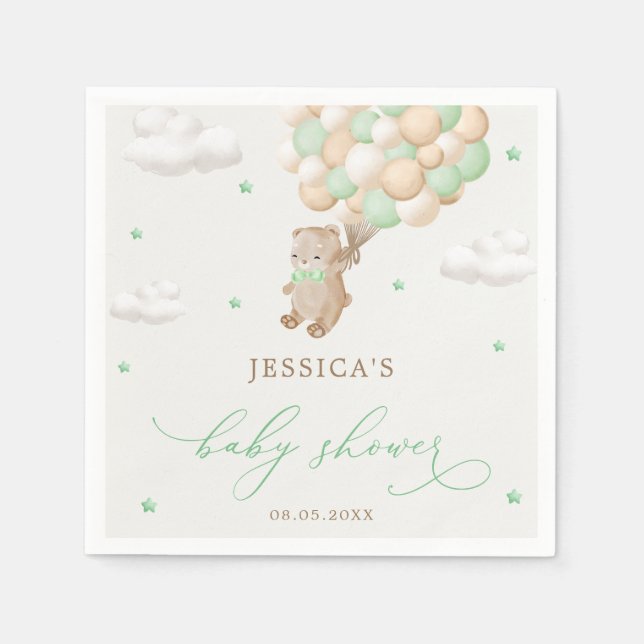Teddy Bear mit Green Balloons Babydusche Serviette (Vorderseite)