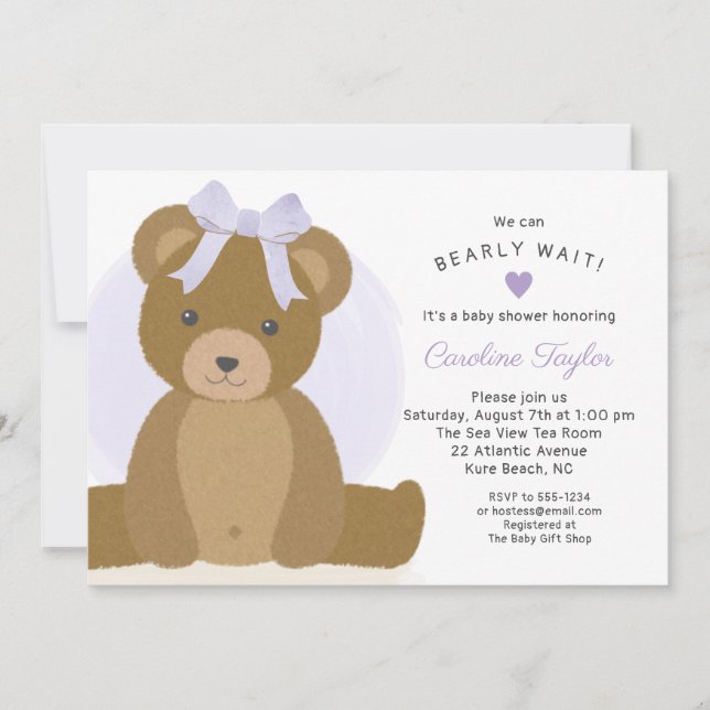 Teddy Bear mit Niedlicher Lila Bow Baby Girl Dusch Einladung (Vorderseite)