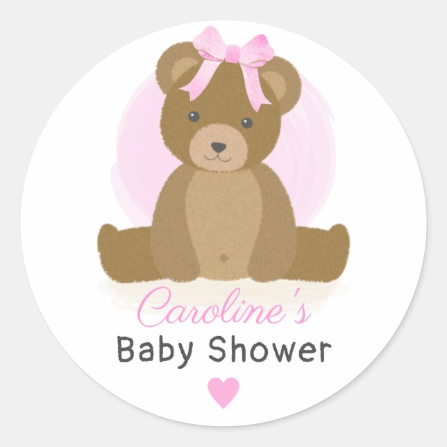 Teddy Bear mit Niedlicher Pink Bow Baby Girl Dusch Runder Aufkleber (Vorderseite)