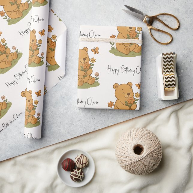 Teddy Bear mit Personalisierten Blume - Geburtstag Geschenkpapier (Kunsthandwerk)