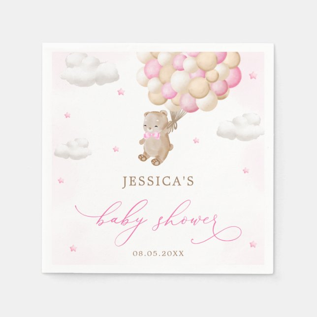 Teddy Bear mit Pink Balloons Babydusche Serviette (Vorderseite)