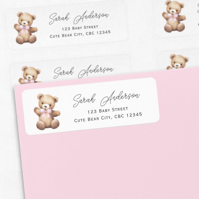 Teddy Bear mit Pink Ribbon Baby Girl Dusche (Pink Teddy Bear Return Labels.)