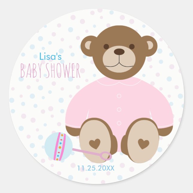 Teddy Bear mit rosa Babyduschaufkleber Runder Aufkleber (Vorderseite)