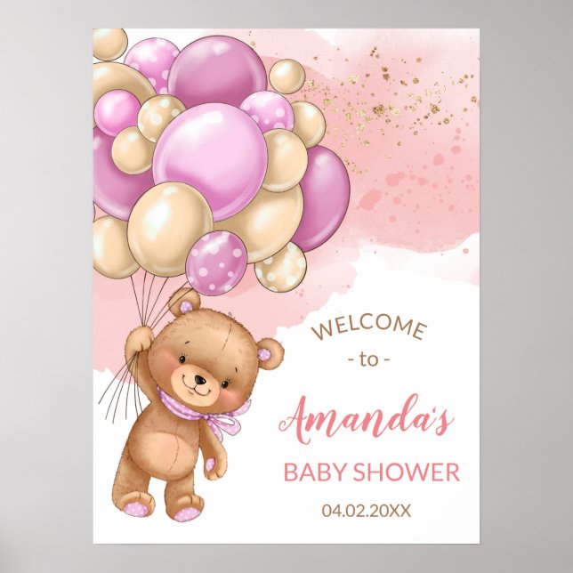 Teddy Bear mit rosa Balloons Begrüßungszeichen Poster (Vorne)