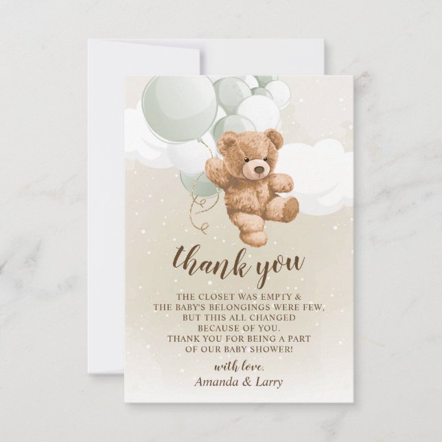 Teddy Bear mit Sage Balloons Danke Karte (Vorderseite)