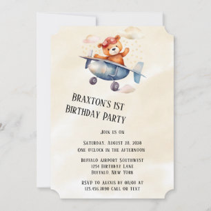 Teddy Bear mit seinem Flugzeug 1. Geburtstag Party Einladung