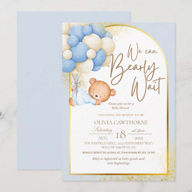 Teddy Bear Modern Blue Gold Baby Dusche Einladung (Vorne/Hinten)