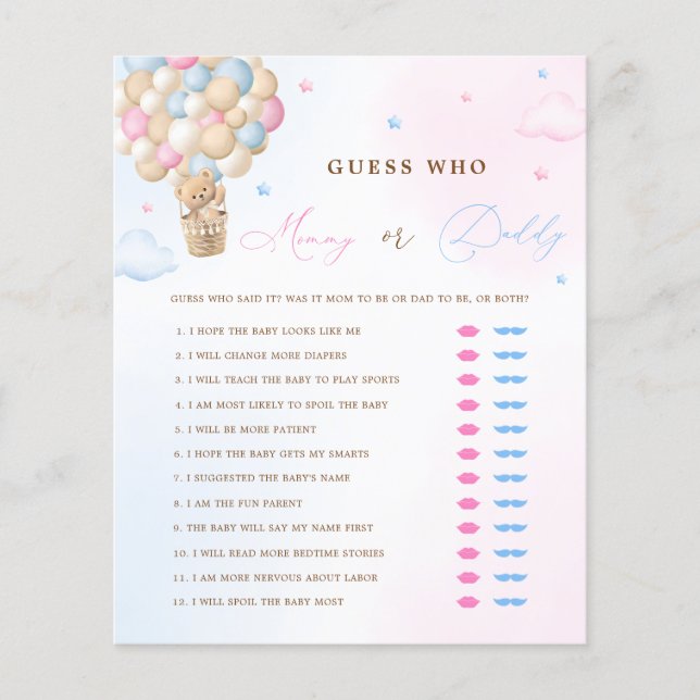 Teddy Bear Mommy oder Daddy Gender Reveal Game (Vorderseite)