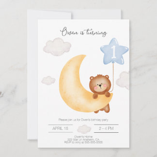 Teddy Bear Moon and Stars Blue Ballon Birthday I Einladung