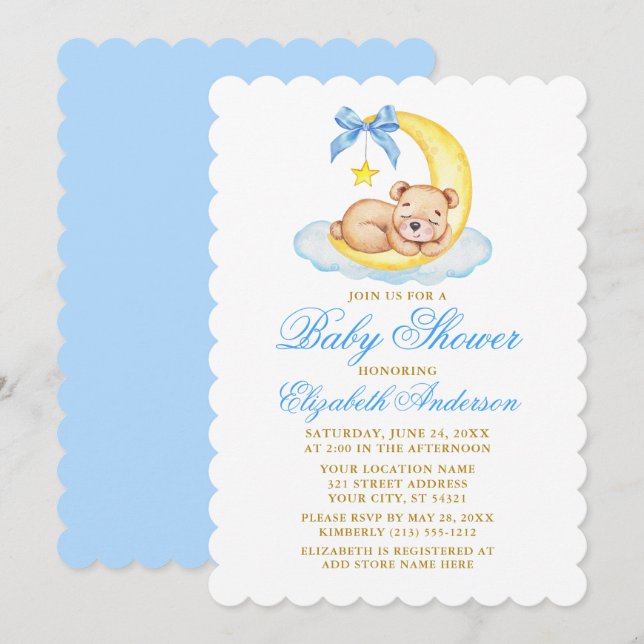 Teddy Bear Moon Baby Dusche Gold Einladung (Vorne/Hinten)