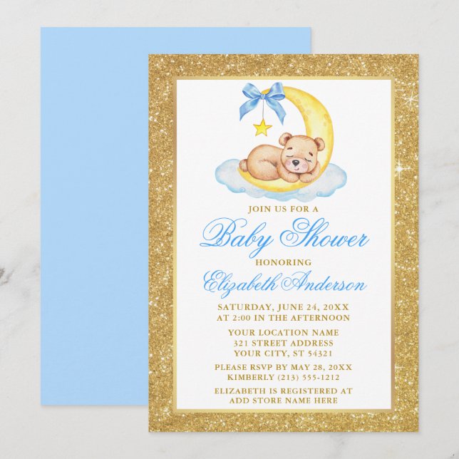 Teddy Bear Moon Gold Glitzer Baby Dusche Blue Einladung (Vorne/Hinten)