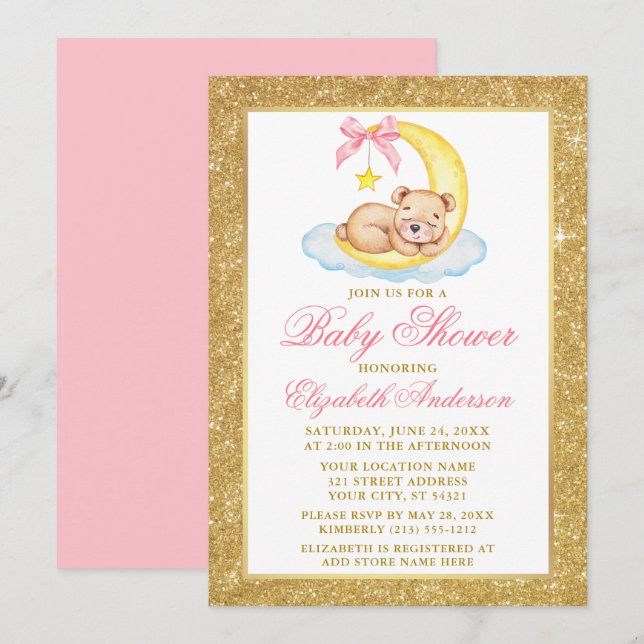 Teddy Bear Moon Gold Glitzer Baby Dusche Rosa Einladung (Vorne/Hinten)