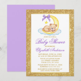 Teddy Bear Moon Gold Glitzer Kinderdusche Lila Einladung