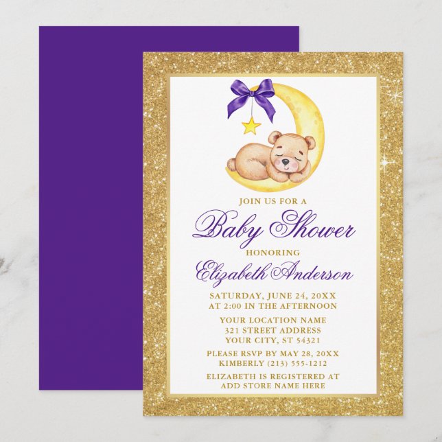 Teddy Bear Moon Gold Glitzer Lila Baby Dusche Einladung (Vorne/Hinten)