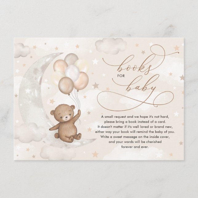 Teddy Bear Moon Stars Balloons Bücher für Baby Begleitkarte (Vorderseite)