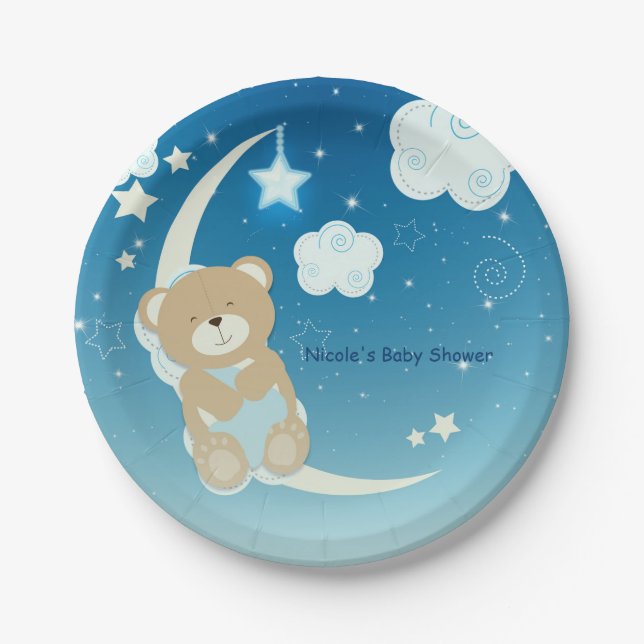 Teddy Bear Moon & Stars Kinderdusche Sprinkle Pappteller (Vorderseite)