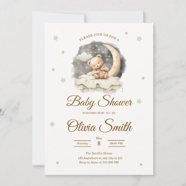 Teddy Bear Moon & Stars Neutral Baby Shower Einladung (Vorderseite)