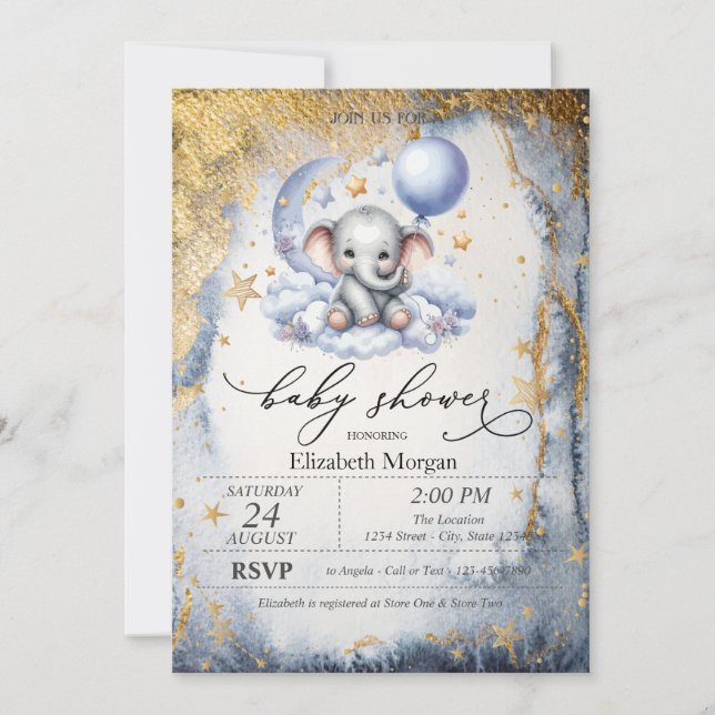 Teddy Bear Moon, Stars Watercolor Babydusche Einladung (Vorderseite)