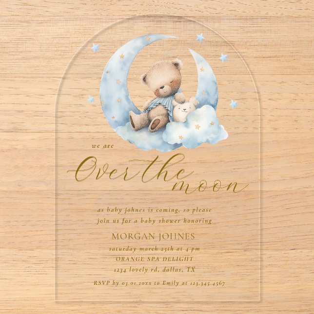 Teddy Bear Moon über der Moon Baby Dusche Acryleinladungen (Vorderseite)