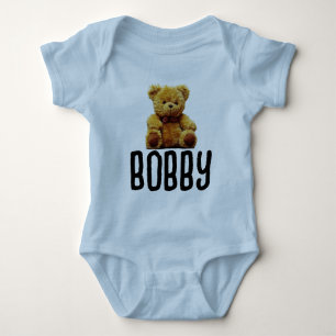 TEDDY BEAR & NAME BABY BOY BODYSUIT BABY STRAMPLER