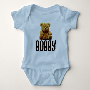TEDDY BEAR & NAME BABY BOY BODYSUIT STRAMPLER