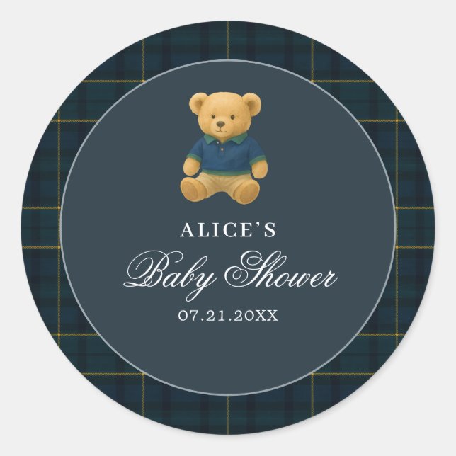 Teddy Bear Navy Blue Baby Dusche Runder Aufkleber (Vorderseite)