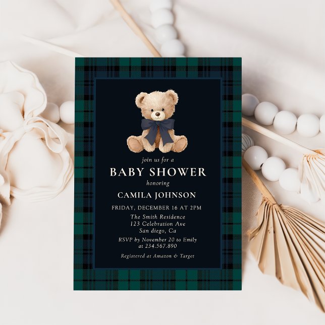 Teddy Bear Navy Plaid Baby Shower Invitation Einladung (Von Creator hochgeladen)