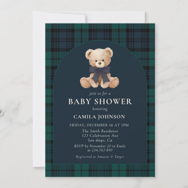 Teddy Bear Navy Plaid Baby Shower Invitation Einladung (Vorderseite)