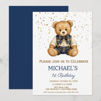 Teddy Bear Navy Plaid Boy Birthday Einladung