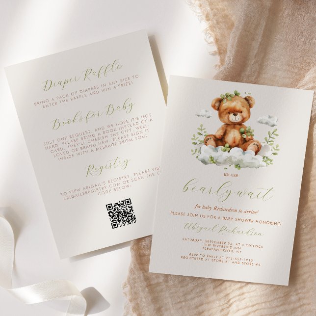 Teddy Bear Neutral Greenery QR Code Babydusche Einladung (Von Creator hochgeladen)